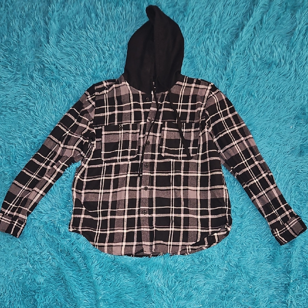Original Use Black and White Plaid Hooded Shirt